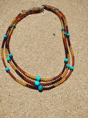 Jay King DTR 3 strand Amber and Turquoise Bead 925 Sterling Silver Necklace,  Yo